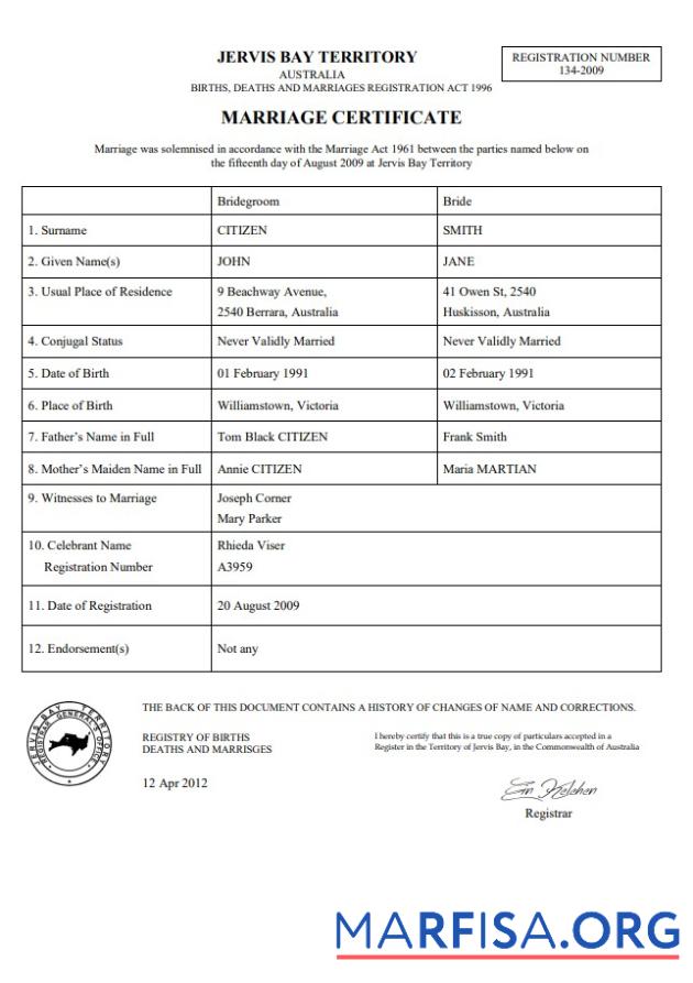 Blank Australia Jervis Bay Territory marriage certificate template in Word